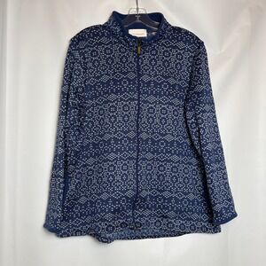 Stan Herman Womens L‎ Blue White Fair Isle Print Zip Up Fleece Sweater Jacket